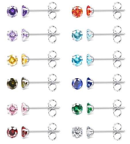 JeweBella 12 Paar Kleine Ohrstecker Chirurgenstahl für Damen Mädchen Hypoallergen Geburtsstein Ohrstecker Set Mehrfarbige Cubic Zirkonia Ohrstecker Piercing Knorpel Schlaf Ohrringe Set 3/4/5mm von JeweBella