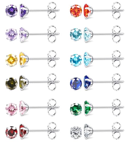 JeweBella 12 Paar Kleine Ohrstecker Chirurgenstahl für Damen Mädchen Hypoallergen Geburtsstein Ohrstecker Set Mehrfarbige Cubic Zirkonia Ohrstecker Piercing Knorpel Schlaf Ohrringe Set 3/4/5mm von JeweBella