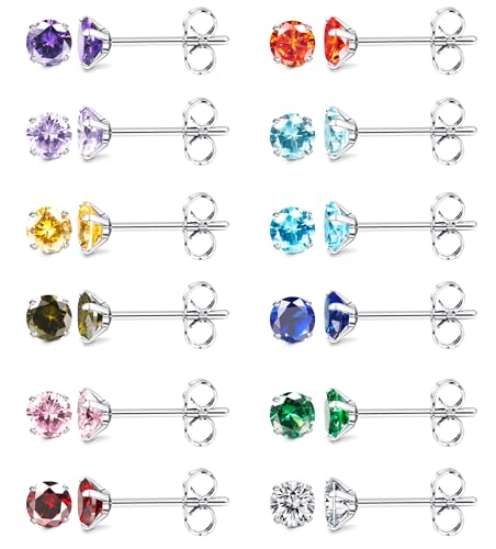 JeweBella 12 Paar Kleine Ohrstecker Chirurgenstahl für Damen Mädchen Hypoallergen Geburtsstein Ohrstecker Set Mehrfarbige Cubic Zirkonia Ohrstecker Piercing Knorpel Schlaf Ohrringe Set 3/4/5mm von JeweBella