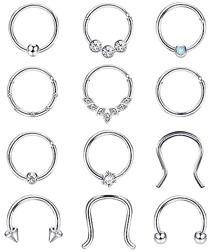 JeweBella 12 Stück 16G Nasenpiercing Ring Chirurgenstahl Septum Piercing Ringe für Damen Herren Nasenring Piercing Set Helix Daith Lippe Conch Piercing Ring Septum Clicker Piercing Schmuck 8MM/10MM von JeweBella