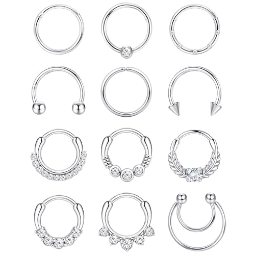 JeweBella 12 Stück 16G Septum Piercing Chirurgenstahl Nasenpiercing Ring für Damen Mädchen Clicker Septum Ring Nasenring Set Daith Helix Tragus Creolen Lip Nostril Piercing 8/10MM von JeweBella