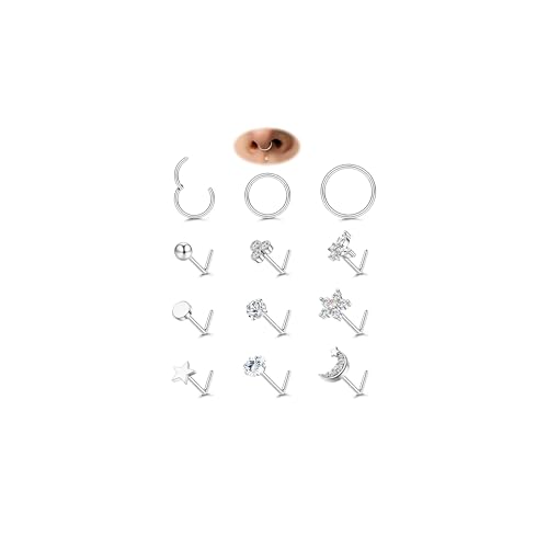 JeweBella 12 Stück 18G/20G Nasenpiercing Ring Nasenpiercing Stecker Chirurgenstahl Clicker Nasenring Dünn Zirkonia Stern Herz L Form Nasenstecker Gold Silber Septum Nostril Piercing Schmuck von JeweBella