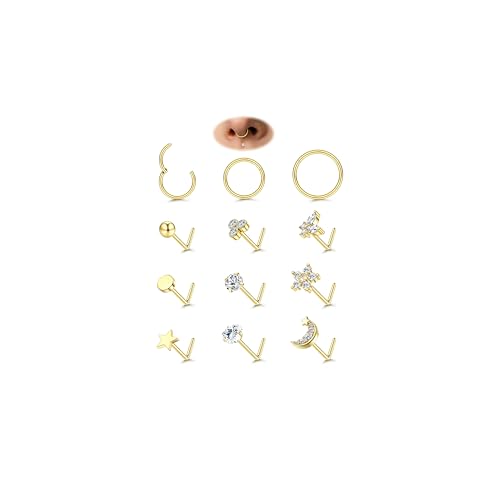 JeweBella 12 Stück 18G/20G Nasenpiercing Ring Nasenpiercing Stecker Chirurgenstahl Clicker Nasenring Dünn Zirkonia Stern Herz L Form Nasenstecker Gold Silber Septum Nostril Piercing Schmuck von JeweBella