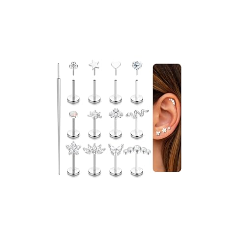 JeweBella 12 Stück Nasenpiercing Stecker für Damen Chirurgenstahl Einstecken Flache Ohrringe Stern Herz Schlange Gewindelose Nasenstecker 20G Labret Lippenpiercing Tragus Conch Helix Piercings von JeweBella