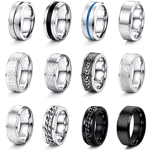 JeweBella 12Stück Ringe Herren Edelstahl Ringe Silber Poliert Keltischer Knoten Vintage Biker Ringe Schwarz Kette Ringe Wikinger Gothic Ringe Set Verlobung Freundschaftsringe für Herren Männer von JeweBella