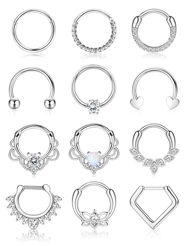 JeweBella 12 Stück Septum Piercing Chirurgenstahl 16G Nasenring Piercing Set für Damen Mädchen Clicker Septum Ring Daith Helix Tragus Ohrringe Lip Nostril Piercing 8/10mm von JeweBella