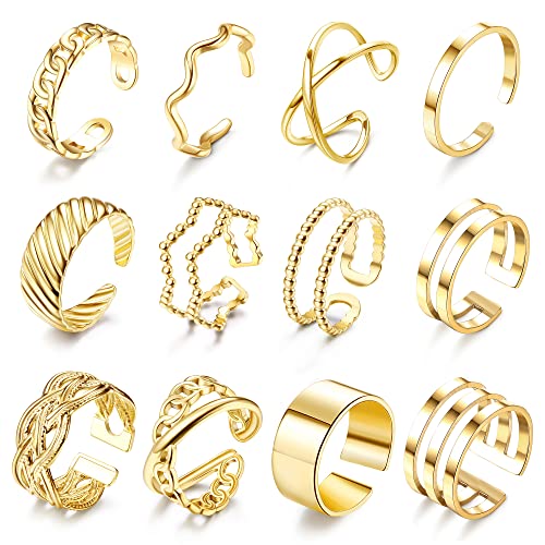 JeweBella 12 Stück Offene Ringe Set für Damen Edelstahl Knöchel Ringe Silber/Gold Stapelbare Ringe für Frauen Daumenring Trendy Stapelringe Set Minimalistischer Fingerringe Set von JeweBella