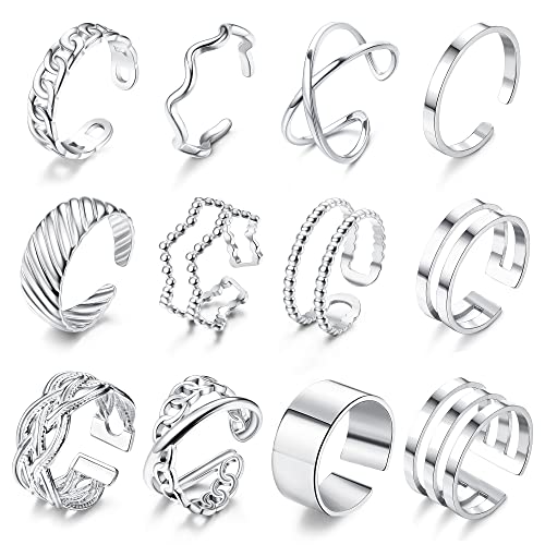 JeweBella 12 Stück Offene Ringe Set für Damen Edelstahl Knöchel Ringe Silber/Gold Stapelbare Ringe für Frauen Daumenring Trendy Stapelringe Set Minimalistischer Fingerringe Set von JeweBella