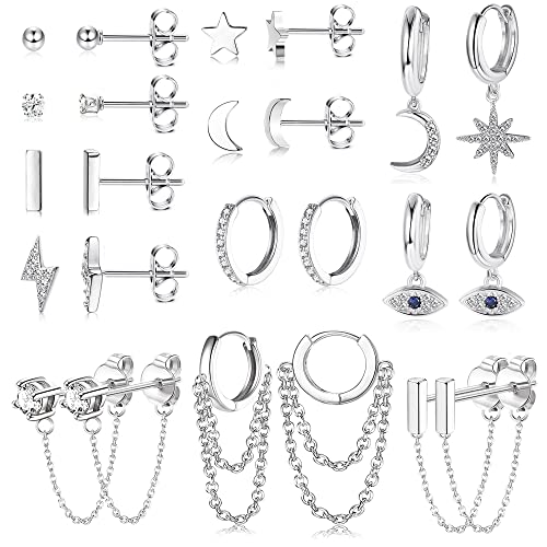 JeweBella 12Paar Kleine Ohrstecker Damen Set Edelstahl Mini Creolen Anhänger mit Kette Stern Mond Ohrringe Hypoallergen Zirkon Ball Evil Eye Ohrringe Creolen Set Gold/Silber von JeweBella