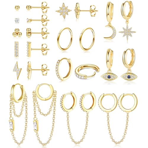 JeweBella 12Paar Kleine Ohrstecker Damen Set Edelstahl Mini Creolen Anhänger mit Kette Stern Mond Ohrringe Hypoallergen Zirkon Ball Evil Eye Ohrringe Set Gold/Silber von JeweBella