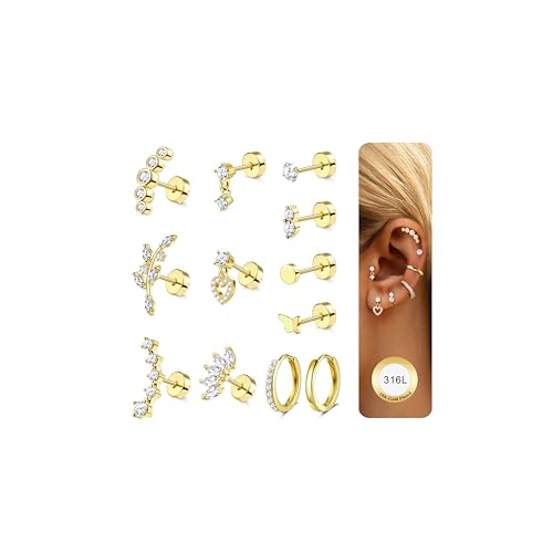 JeweBella 12Pcs Helix Piercings Chirurgenstahl Ohrringe für Damen Silber Gold Ohr Piercing Ohrstecker Klein Creolen Knorpel Ohrringe Piercing Set Conch Helix Tragus Piercing Ohr Schmuck von JeweBella