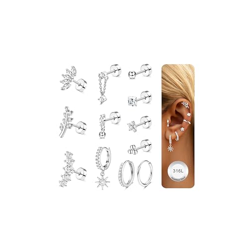 JeweBella 12Pcs Helix Piercings Chirurgenstahl Ohrringe für Damen Silber Gold Ohr Piercing Ohrstecker Klein Creolen Knorpel Ohrringe Piercing Set Conch Helix Tragus Piercing Ohr Schmuck von JeweBella