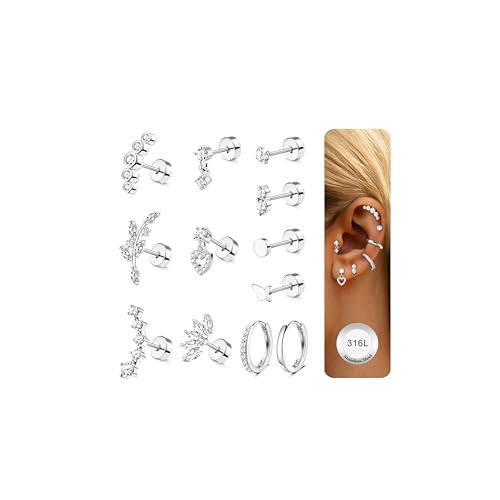 JeweBella 12Pcs Helix Piercings Chirurgenstahl Ohrringe für Damen Silber Gold Ohr Piercing Ohrstecker Klein Creolen Knorpel Ohrringe Piercing Set Conch Helix Tragus Piercing Ohr Schmuck von JeweBella