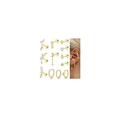 JeweBella 12Pcs Helix Piercings Ohrringe Gold Set für Damen Tragus Piercing Ohr Creolen Silber Flatback Ohrstecker Chirurgenstahl Ohrringe Stecker Rook Helix Conch Piercing Schmuck von JeweBella