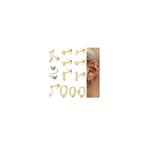 JeweBella 12Pcs Helix Piercings Ohrringe Gold Set für Damen Tragus Piercing Ohr Creolen Silber Flatback Ohrstecker Chirurgenstahl Ohrringe Stecker Rook Helix Conch Piercing Schmuck von JeweBella