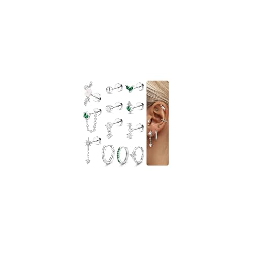 JeweBella 12Pcs Helix Piercings Ohrringe Gold Set für Damen Tragus Piercing Ohr Creolen Silber Flatback Ohrstecker Chirurgenstahl Ohrringe Stecker Rook Helix Conch Piercing Schmuck von JeweBella