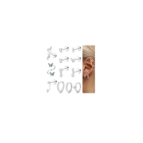 JeweBella 12Pcs Helix Piercings Ohrringe Gold Set für Damen Tragus Piercing Ohr Creolen Silber Flatback Ohrstecker Chirurgenstahl Ohrringe Stecker Rook Helix Conch Piercing Schmuck von JeweBella
