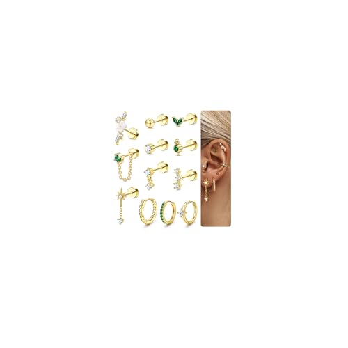 JeweBella 12Pcs Helix Piercings Ohrringe Gold Set für Damen Tragus Piercing Ohr Creolen Silber Flatback Ohrstecker Chirurgenstahl Ohrringe Stecker Rook Helix Conch Piercing Schmuck von JeweBella