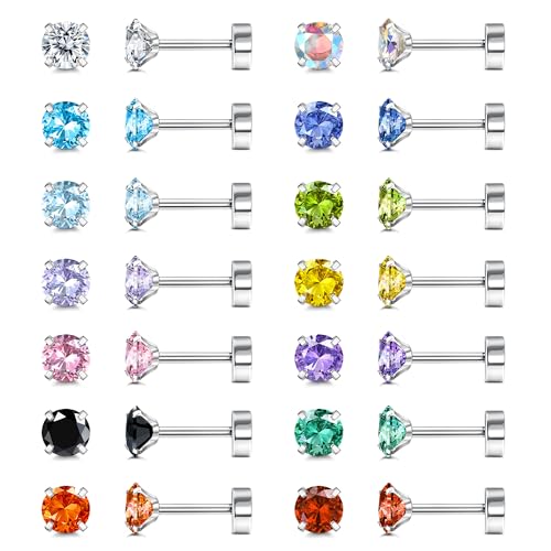 JeweBella 14 Paar Kleine Ohrstecker Chirurgenstahl für Damen Mädchen Geburtsstein Ohrstecker Set Hypoallergen Mehrfarbige Runde Zirkonia Ohrstecker Edelstahl Piercing Knorpel FlatBack Ohrringe von JeweBella