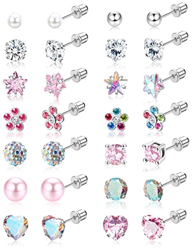 JeweBella 14 Paar Kleine Ohrstecker Set für Damen Hypoallergen Niedlich Blume Perle Herz Zirkonia Ohrringe Tragus Knorpel Piercing Ohrringe Set von JeweBella