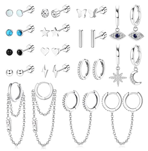 JeweBella 15Paar Kleine Ohrringe Set Damen Hypoallergen Medizinische Ohrstecker Creolen Hängende mit Kette Chirurgenstahl Knorpel Helix Piercing Ohrringe Set für Mehrere Ohrlöcher Frauen Gold/Silber von JeweBella