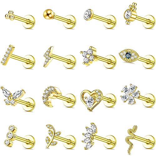 JeweBella 16 Stück 16G Helix Tragus Piercing Knorpel Ohrringe für Damen Chirurgenstahl Innengewinde CZ Mond Herz Blatt Medusa Labret Piercing Nasenstecker Lippenpiercing Helix Piercing Ohr von JeweBella