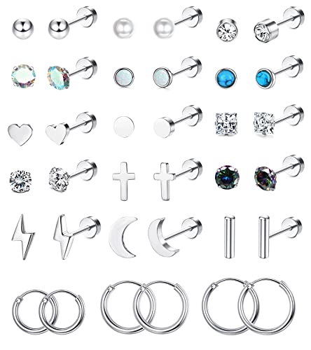 JeweBella 18Pairs Kleine Ohrstecker Damen Set Chirurgenstahl Knorpel Flatback Ohrringe Hypoallergen Stern Mond Helix Ohrringe Zirkonia Creolen Piercing Ohrstecker für Mädchen Herren von JeweBella