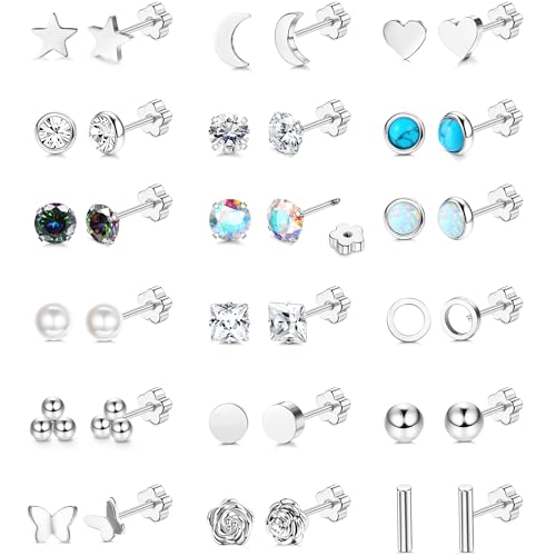 JeweBella 18 Pairs Klein Ohrstecker Chirurgenstahl Ohrringe Silber Set für Damen Herren Hypoallergen 20G Helix Piercings Ohr Knorpel Ohrringe Set CZ Opal Türkis Ohrringe Medizinische Ohrstecker von JeweBella