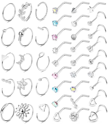 JeweBella 18G/20G Nasenpiercing Ring für Damen Herren Nasenpiercing Stecker Chirurgenstahl Hypoallergen Klein Nasenstecker Nostril Piercing Nase CZ Screws Nasenringe Piercing Silber Nasenpiercing von JeweBella