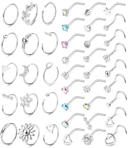 JeweBella 18G/20G Nasenpiercing Ring für Damen Herren Nasenpiercing Stecker Chirurgenstahl Hypoallergen Klein Nasenstecker Nostril Piercing Nase CZ Screws Nasenringe Piercing Silber Nasenpiercing von JeweBella