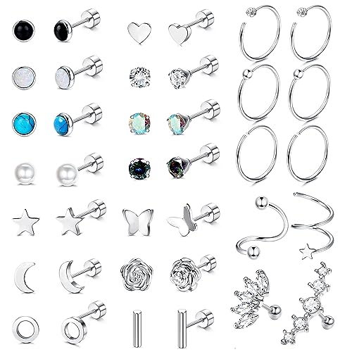 JeweBella 19 Paar Kleine Ohrstecker Set Für Frauen Männer Chirurgische Edelstahl Ohrringe Set Knorpelohrringe Creolen Ohrringe Perle Mond Stern Türkis Zirkon Flach Ohrringe Ohrpiercing Ohrstecker von JeweBella