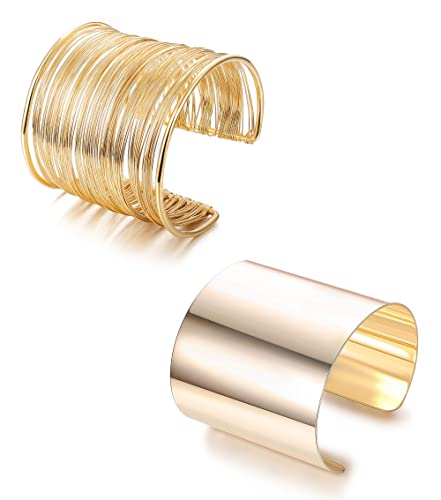 JeweBella 2 Stück Manschette Armreif Damen Gold/Silber Manschette Armband Set Offen Breite Draht Armbänder Verstellbare Gold Spule Armband Oberarmreif Oberarm Schmuck für Frauen von JeweBella