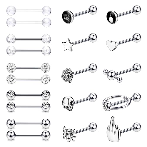 JeweBella 20 Stück 14G Zungenpiercing Set für Damen Herren Chirurgenstahl Nippelpiercing Zungenpiercing Silber/Schwarz Barbell Brustwarzenpiercing Zungenpiercing 16 mm Stablänge von JeweBella