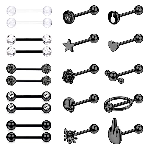 JeweBella 20 Stück 14G Zungenpiercing Set für Damen Herren Chirurgenstahl Nippelpiercing Zungenpiercing Silber/Schwarz Barbell Brustwarzenpiercing Zungenpiercing 16 mm Stablänge von JeweBella