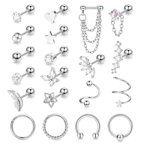 JeweBella 20 Stück 16G Ohrringe Set für Damen Chirurgenstahl Helix Piercings Gold/Silber Creolen Feder Herz Stern Ohrstecker Set Conch Helix Tragus Piercing Ohr Schmuck von JeweBella
