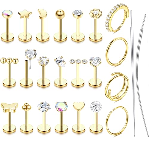 JeweBella 20G Nasenpiercing Chirurgenstahl Tragus Helix Piercing Gold/Silber Labret Piercing Nasenpiercing Ring Studs Septum Lippenpiercing Piercing Ohr Conch Medusa Piercing Set 6/8/10MM von JeweBella