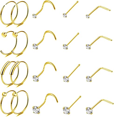 JeweBella 20 Stück Nasenpiercing Ring Nasenstecker für Damen Herren Chirurgenstahl Klein L-Form Nasenstecker Nostril Piercing Nase CZ Nasenringe Septumringe für Frauen Silber/Gold 18G 20G 22G von JeweBella