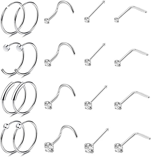 JeweBella 20 Stück Nasenpiercing Ring Nasenstecker für Damen Herren Chirurgenstahl Klein L-Form Nasenstecker Nostril Piercing Nase CZ Nasenringe Septumringe für Frauen Silber/Gold 18G 20G 22G von JeweBella