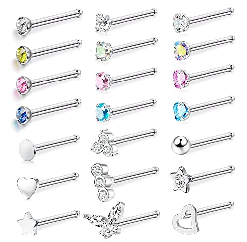 JeweBella 21 Stück 20G Nasenpiercing Steck 316L Chirurgenstahl Nostril Piercing Stecker L-Form/I-Form/S-Form Nasenstecker Silber Piercing Nase Nasenpiercing Set Nasenpiercing Schmuck für Damen von JeweBella