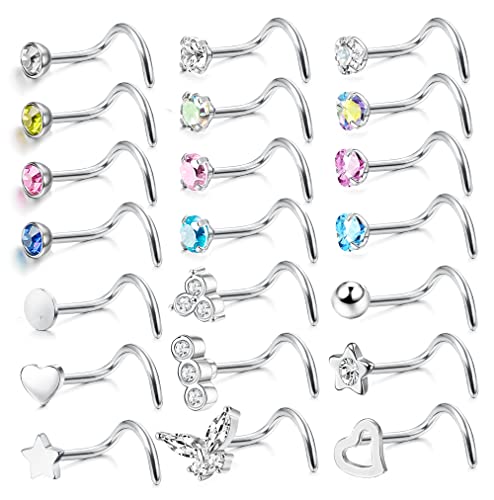 JeweBella 21 Stück 20G Nasenpiercing Steck 316L Chirurgenstahl Nostril Piercing Stecker L-Form/I-Form/S-Form Nasenstecker Silber Piercing Nase Nasenpiercing Set Nasenpiercing Schmuck für Damen von JeweBella