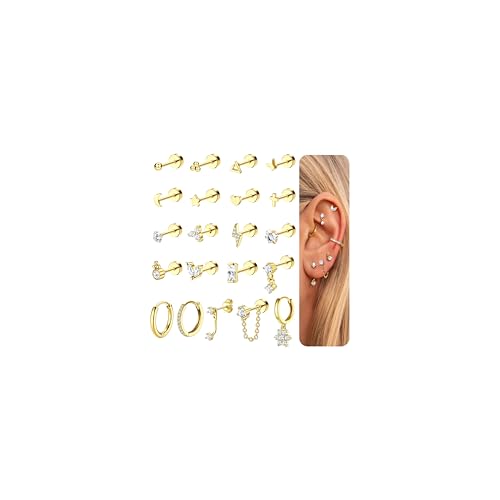 JeweBella 21PCS Helix Piercings Chirurgenstahl Medizinische Ohrstecker Damen Piercing Ohr Gold Klein Knorpel Ohrringe Creolen Silber Conch Tragus Helix Piercings Ohrringe Set für Mehrere Ohrlöcher von JeweBella