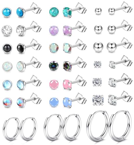 JeweBella 21Pairs Kleine Ohrstecker Chirurgenstahl Damen Flatback Ohrringe Hypoallergen Zirkonia Stern Opal Mondstein Knorpel Ohrringe Set Silber Creolen Piercing Ohrstecker für Mehrere Ohrlöcher von JeweBella