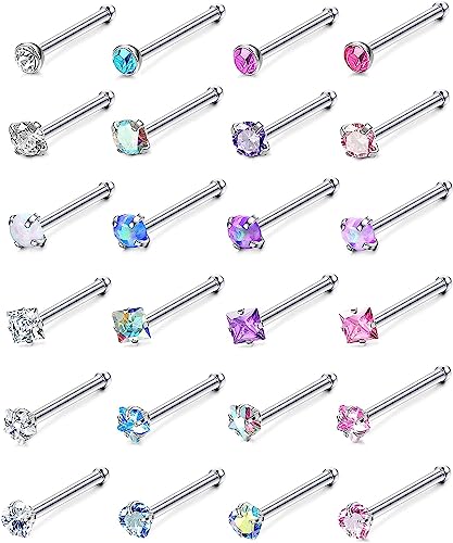 JeweBella 24 Stück 20G Nasenpiercing Steck 316L Chirurgenstahl Nostril Piercing Stecker L-Form/I-Form Nasenstecker Silber Piercing Nase Nasenpiercing Set Nose Stud Nasenpiercing Schmuck für Damen von JeweBella