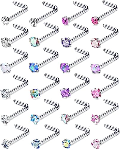 JeweBella 24 Stück 20G Nasenpiercing Steck 316L Chirurgenstahl Nostril Piercing Stecker L-Form/I-Form Nasenstecker Silber Piercing Nase Nasenpiercing Set Nose Stud Nasenpiercing Schmuck für Damen von JeweBella