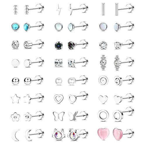 JeweBella 24 Paar Kleine Ohrstecker Set für Damen Herren Edelstahl 20G Knorpelohrringe Geometrisch Stern Mond Herz Perle Zirkonia Ohrringe Hypoallergen Flache Ohrstecker Set von JeweBella