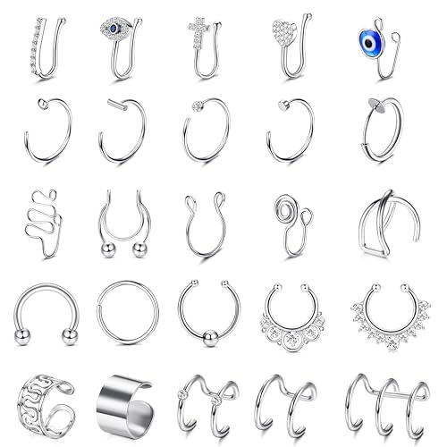 JeweBella 25 Stück Fake Nasenpiercing Ring Edelstahl Fake Septum Piercing Ring Fake Nasenring Piercing Fake Nase Piercing Set Silber/Gold/Schwarz/Roségold Fake Lippenpiercing Ring für Damen Herren von JeweBella