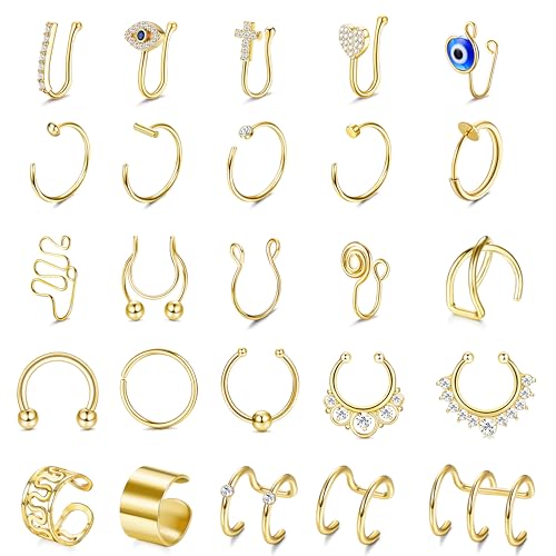 JeweBella 25 Stück Fake Nasenpiercing Ring Edelstahl Fake Septum Piercing Ring Fake Nasenring Piercing Fake Nase Piercing Set Silber/Gold/Schwarz/Roségold Fake Lippenpiercing Ring für Damen Herren von JeweBella