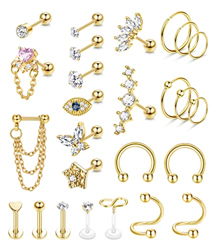 JeweBella 26 Stück 16G Chirurgenstahl Helix Piercing Knorpel Tragus Piercing Set für Damen Mädchen CZ Labret Piercing Knorpelohrstecker Nasenpiercing Conch Piercing Forward Helix Piercing Schmuck Set von JeweBella