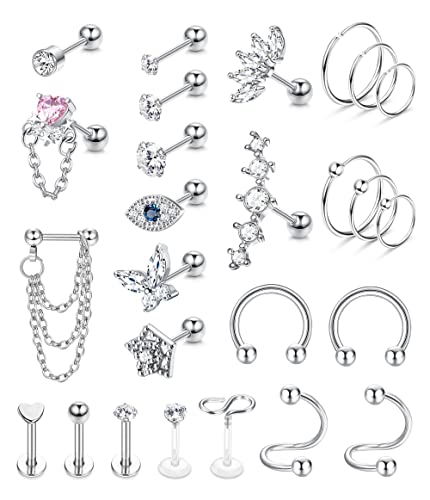 JeweBella 26 Stück 16G Chirurgenstahl Helix Piercing Knorpel Tragus Piercing Set für Damen Mädchen CZ Labret Piercing Knorpelohrstecker Nasenpiercing Conch Piercing Forward Helix Piercing Schmuck Set von JeweBella