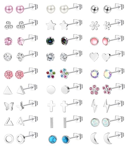 JeweBella 27 Paar Ohrringe Silber für Damen Mädchen Medizinische Ohrstecker Kinder Hypoallergene Blume Schmetterling Perlen Herz Zirkonia Ohrringe Set Ohrringe Chirurgenstahl Kinder Ohrringe Mädchen von JeweBella
